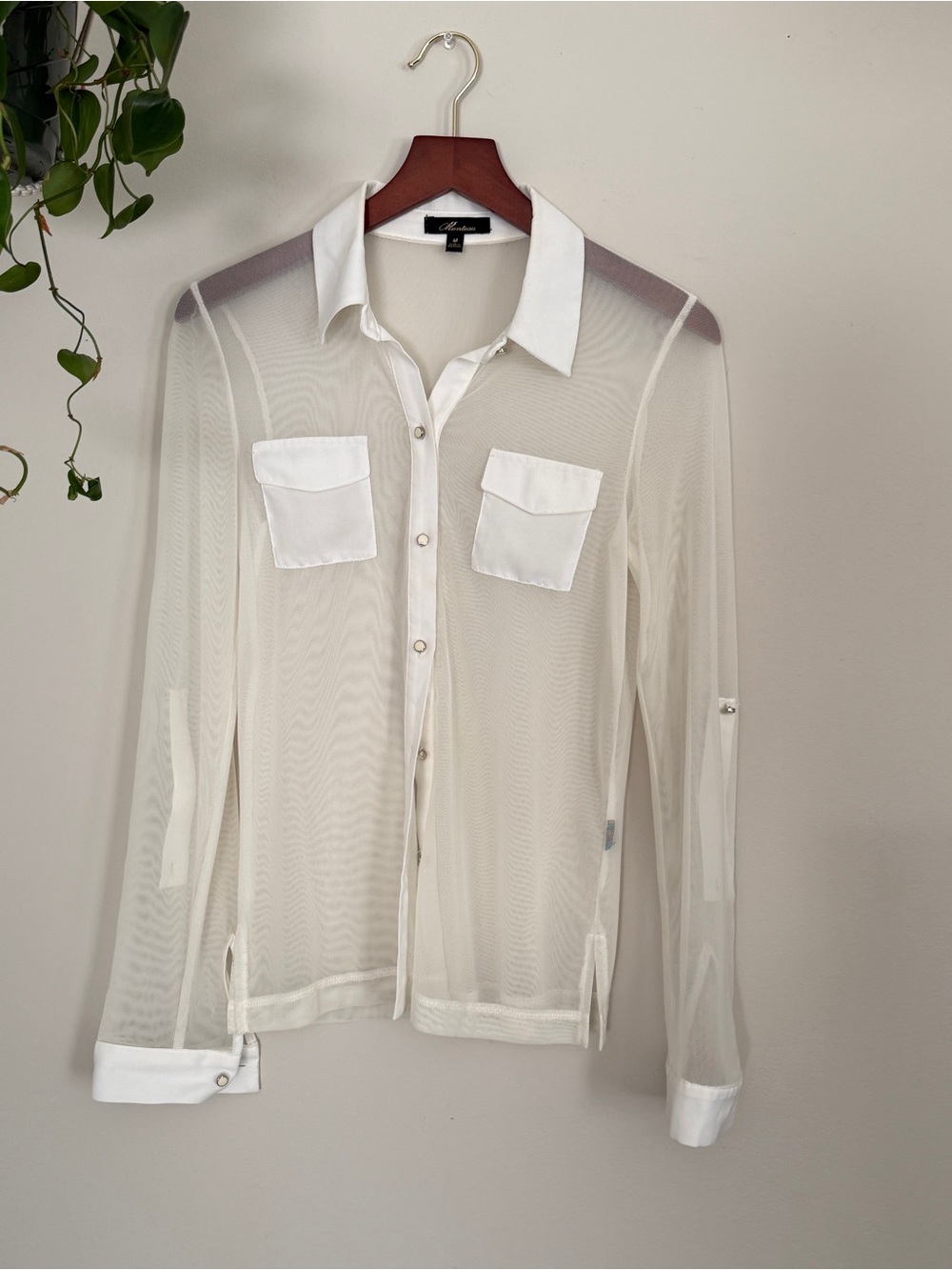 Monteau Sheer White Button-Down Shirt with Patch Pockets